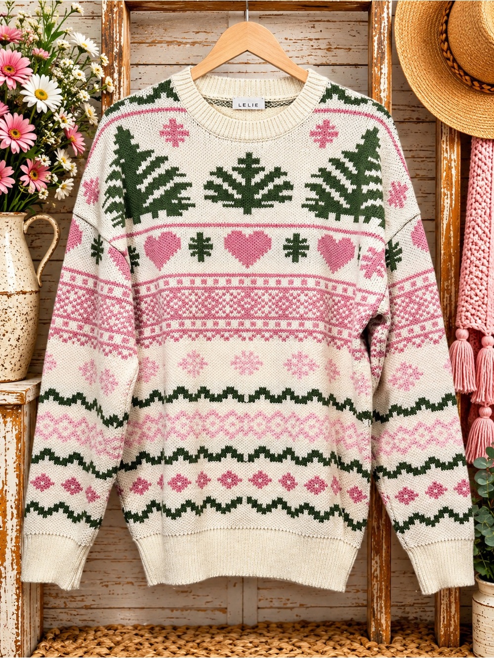 Le Lis Cream Sweater with Pink & Green Fair Isle Motif